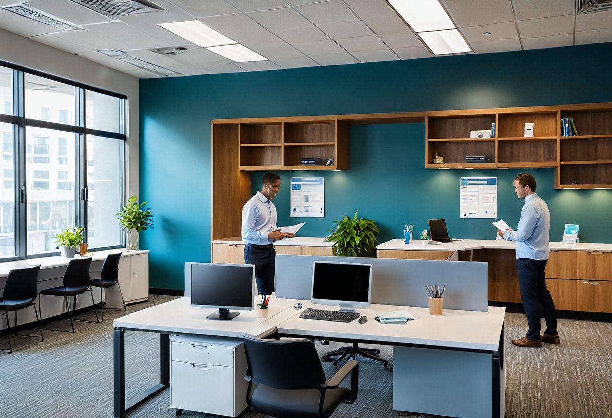 An open door revealing a bright and inviting office space filled with helpful staff assisting policyholders with claims. Include visual elements that depict paperwork, digital devices, and friendly interaction between employees and clients. A calming color palette to convey simplicity and support. super-realistic. vibrant colors.