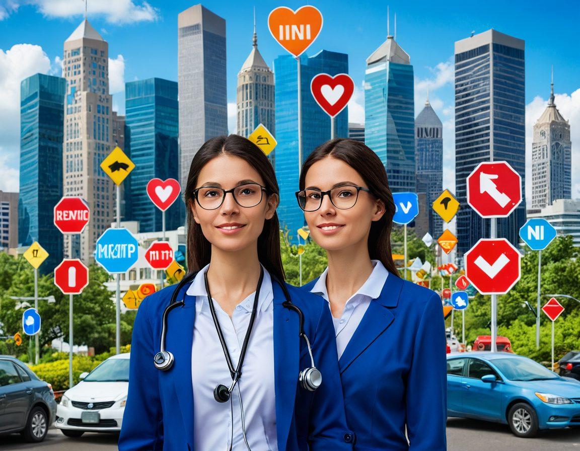A person standing at a crossroads surrounded by various signs pointing to different types of insurance, each sign illustrated with colorful icons representing health, auto, home, and life insurance. The person looks curious and a bit overwhelmed as they study a glowing map in their hands, symbolizing guidance through the complex insurance world. Dreamy clouds form above, hinting at clarity and understanding emerging from confusion. The background is a vibrant cityscape, integrating modern skyscrapers with elements of nature to signify harmony between life and coverage options. super-realistic. vibrant colors. 3D.